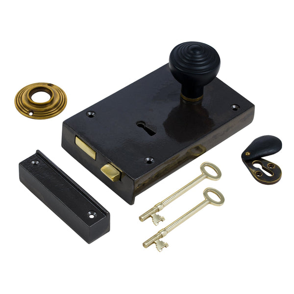  Right Handed Large Cast Iron Rim Lock With Ringed Door Knob Set - Ebonised