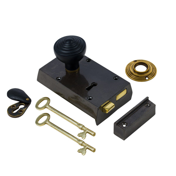  Left Handed Small Cast Iron Rim Lock With Ringed Door Knob Set - Ebonised