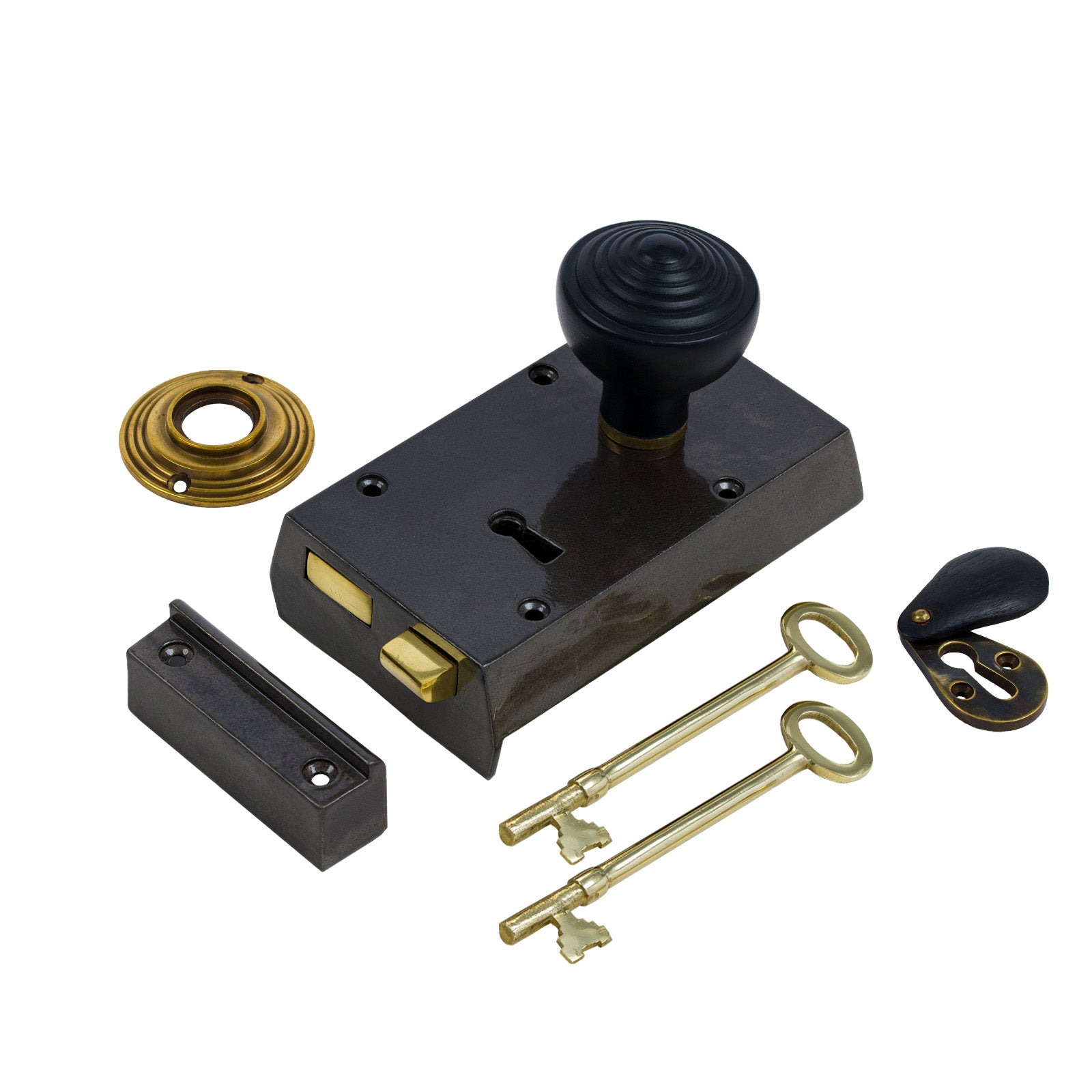 SHOW Right Handed Small Cast Iron Rim Lock With Ringed Door Knob Set - Ebonised