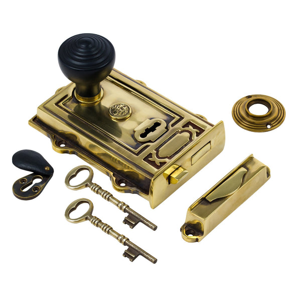  Image of Ornate Antique Brass Rim Lock with Ringed Door Knob Set - Ebonised