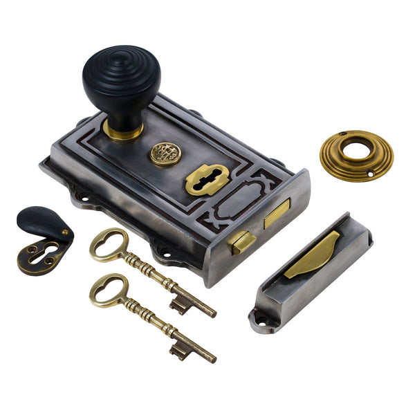  Image of Ornate Iron Rim Lock with Ringed Door Knob Set - Ebonised