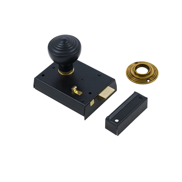  Ringed Door Knob Set - Ebonised & Antique On Black Bathroom Rim Lock