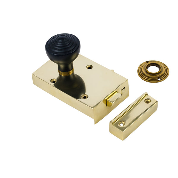  Left Handed Brass Bathroom Rim Lock with Ringed Door Knob Set - Ebonised