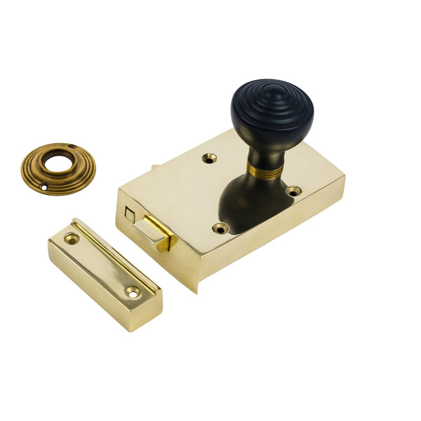  Right Handed Brass Bathroom Rim Lock with Ringed Door Knob Set - Ebonised