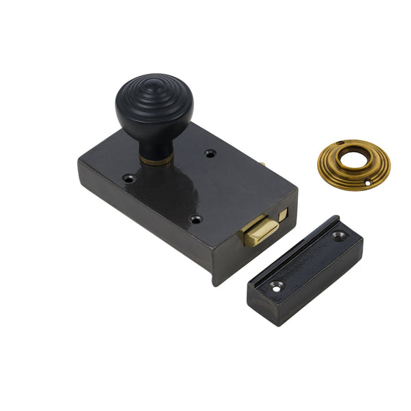  Left Handed Cast Iron Bathroom Rim Lock With Ringed Door Knob Set - Ebonised