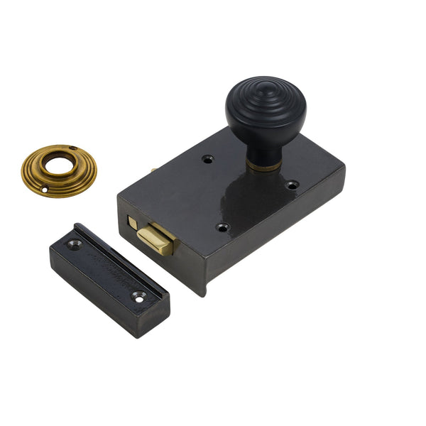  Right Handed Cast Iron Bathroom Rim Lock With Ringed Door Knob Set - Ebonised