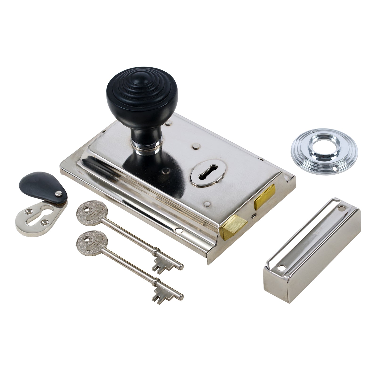 SHOW Ringed Door Knob Set - Ebonised & Chrome On Polished Nickel Rim Lock