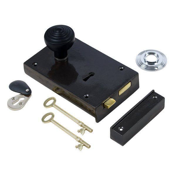  Left Handed Large Cast Iron Rim Lock With Ringed Door Knob Set - Ebonised & Chrome