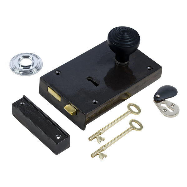  Right Handed Large Cast Iron Rim Lock With Ringed Door Knob Set - Ebonised & Chrome