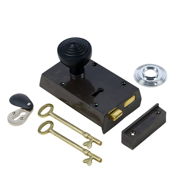  Left Handed Small Cast Iron Rim Lock With Ringed Door Knob Set - Ebonised & Chrome