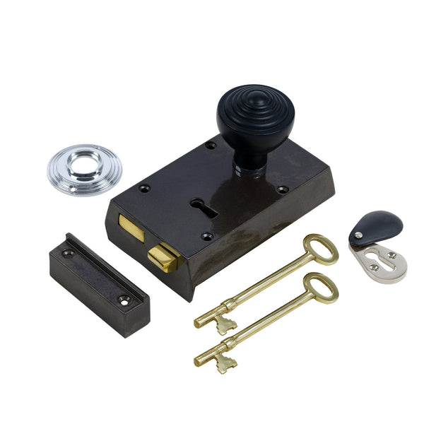  Right Handed Small Cast Iron Rim Lock With Ringed Door Knob Set - Ebonised & Chrome