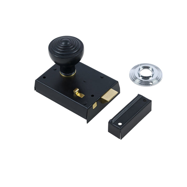  Ringed Door Knob Set - Ebonised & Chrome On Black Bathroom Rim Lock