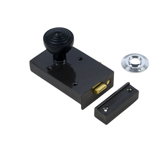  Left Handed Cast Iron Bathroom Rim Lock With Ringed Door Knob Set - Ebonised & Chrome