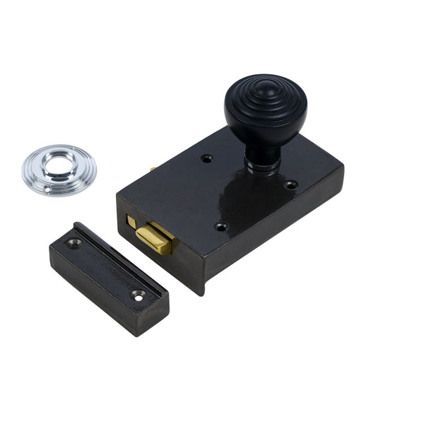 Right Handed Cast Iron Bathroom Rim Lock With Ringed Door Knob Set - Ebonised & Chrome