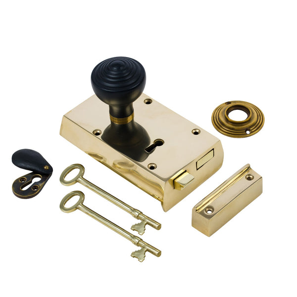  Left Handed Small Brass Rim Lock with Ebonised Ringed Door Knob Set - Ebonised