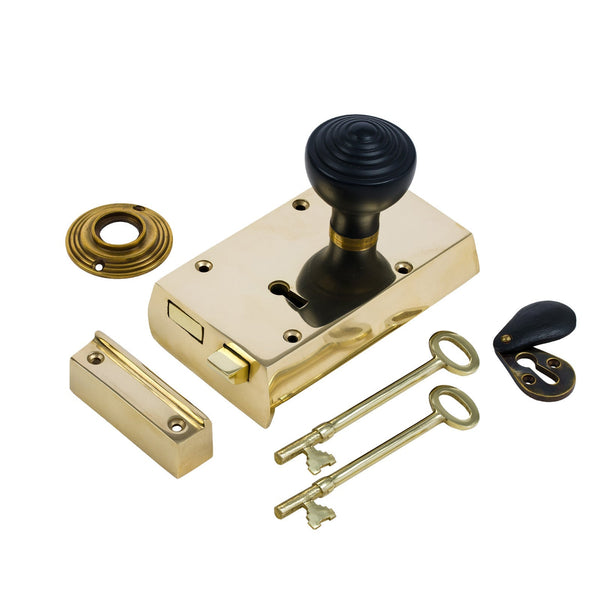  Right Handed Small Brass Rim Lock with Ebonised Ringed Door Knob Set - Ebonised