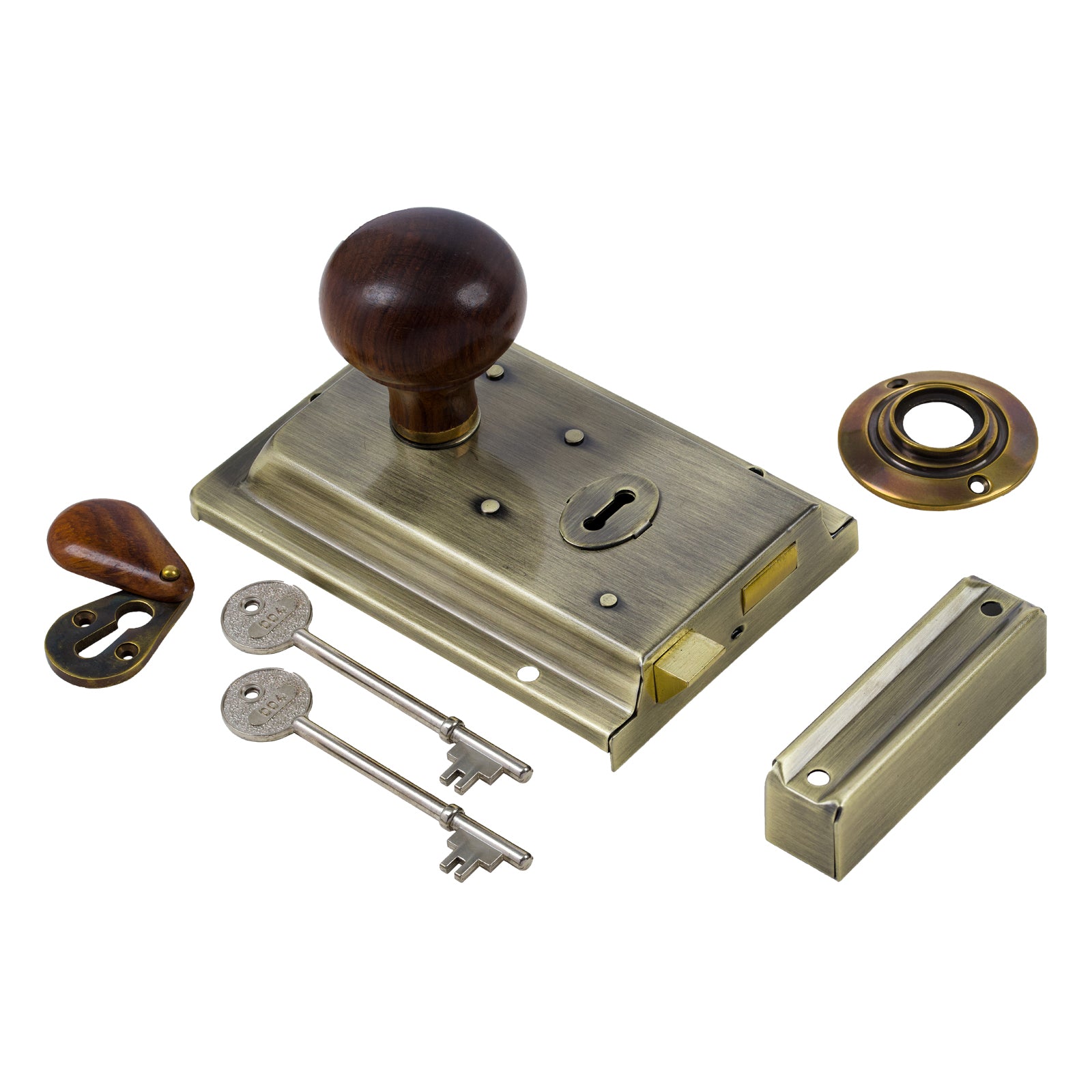 SHOW Bun Door Knob Set - Rosewood & Antique On Antique Brass  Rim Lock