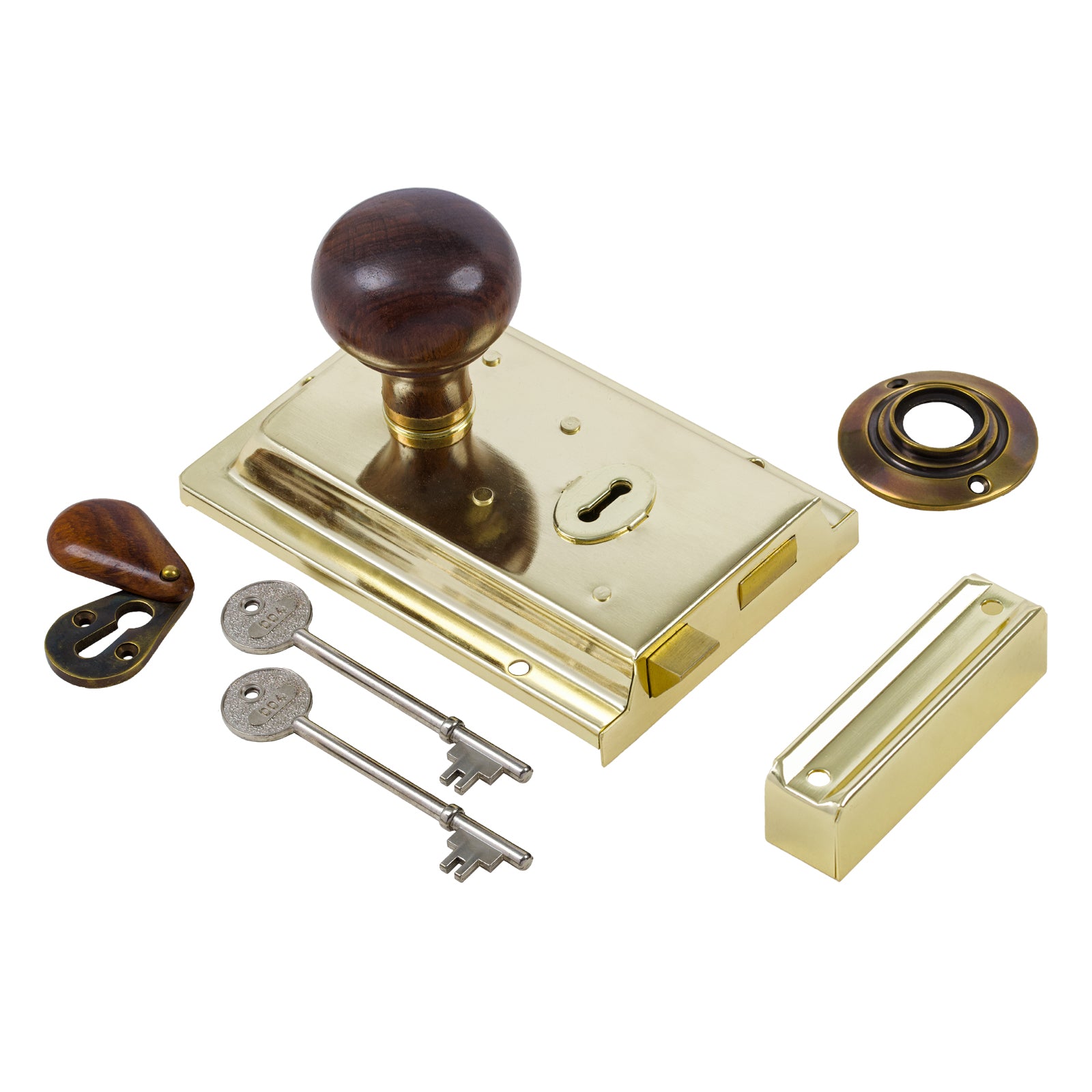 SHOW Bun Door Knob Set - Rosewood & Antique On Polished Brass Rim Lock