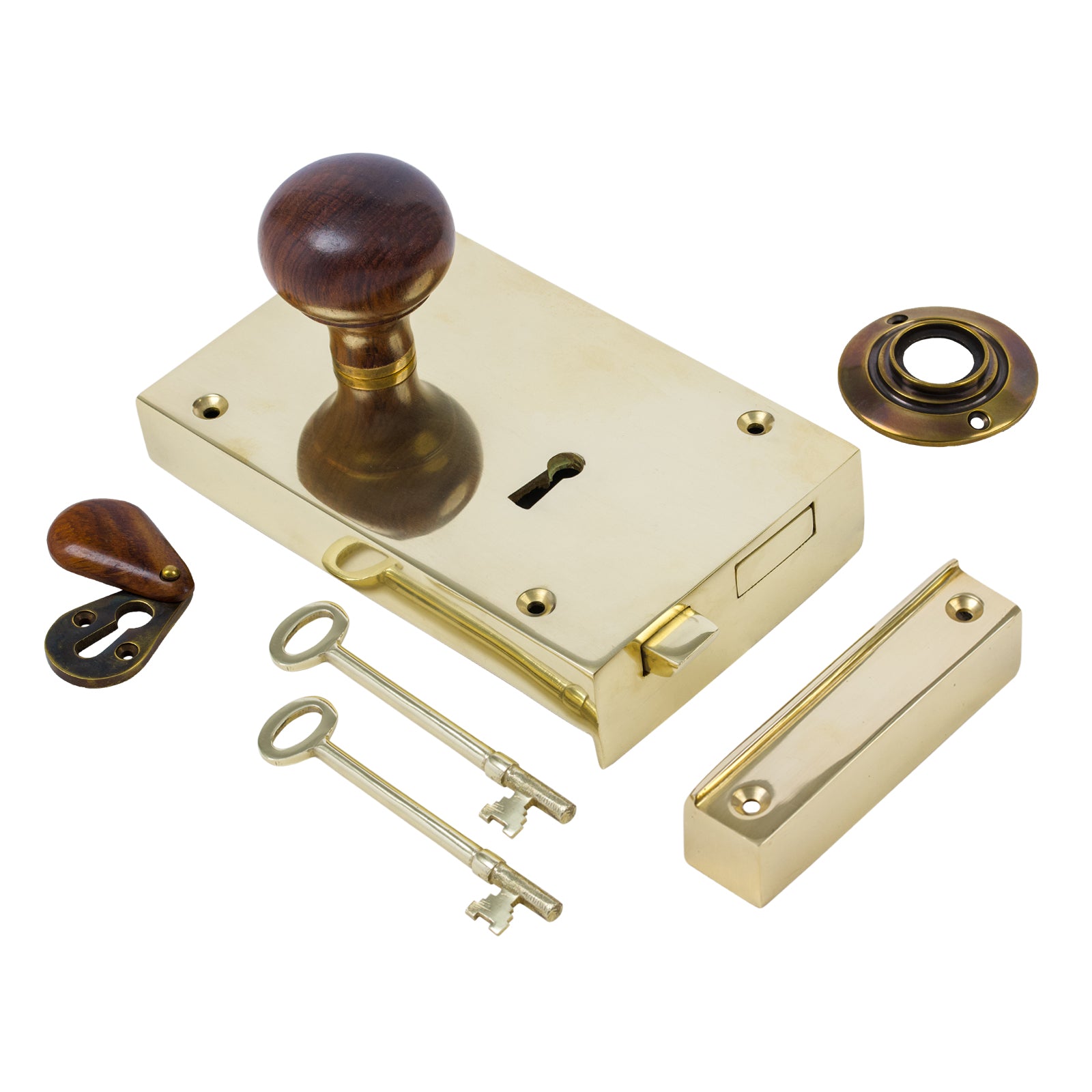 SHOW Left Handed Large Brass Rim Lock with Bun Door Knob Set - Rosewood