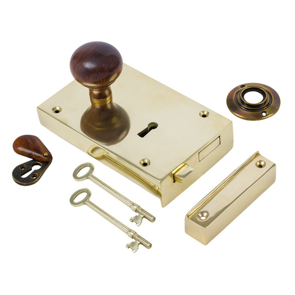  Left Handed Large Brass Rim Lock with Bun Door Knob Set - Rosewood