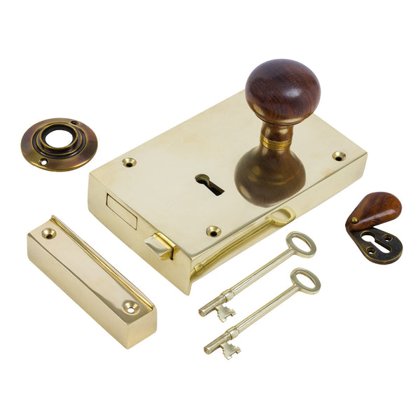  Right Handed Large Brass Rim Lock with Bun Door Knob Set - Rosewood