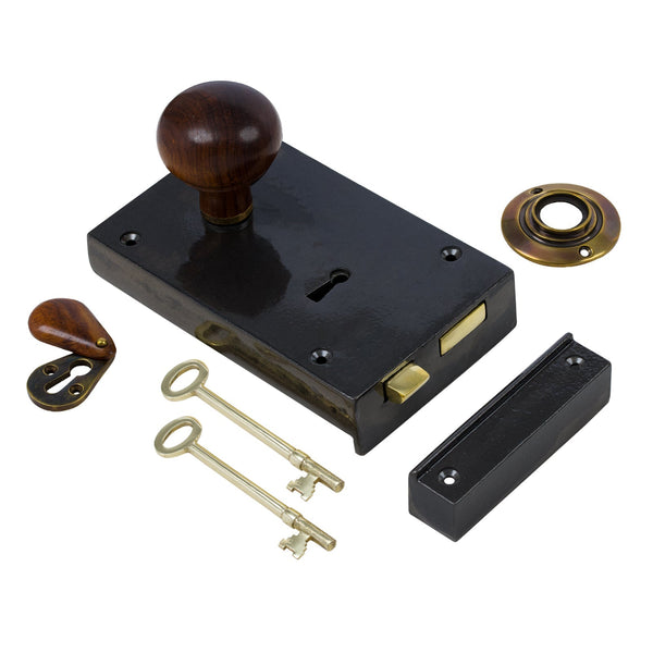  Left Handed Large Cast Iron Rim Lock With Bun Door Knob Set - Rosewood