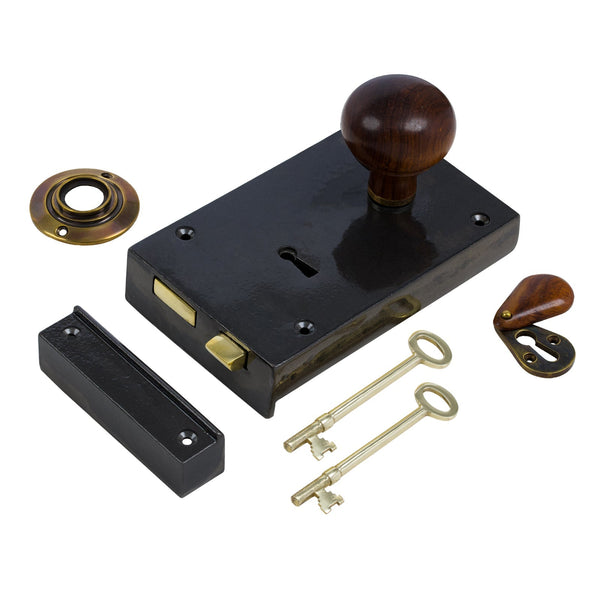  Right Handed Large Cast Iron Rim Lock With Bun Door Knob Set - Rosewood