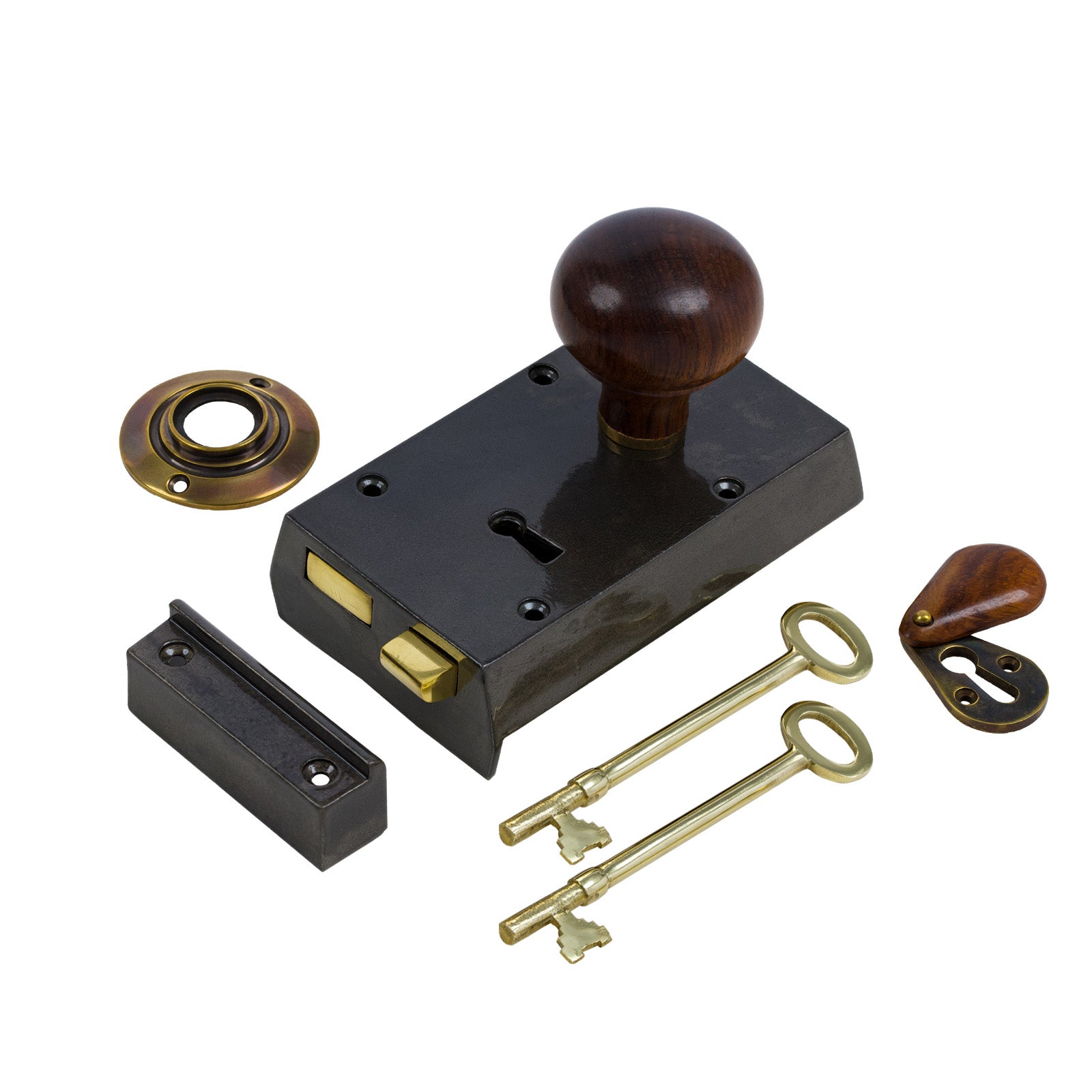 SHOW Right Handed Small Cast Iron Rim Lock With Bun Door Knob Set - Rosewood