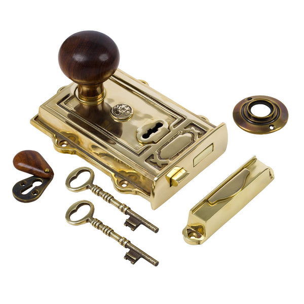  Image of Ornate Brass Rim Lock with Bun Door Knob Set - Rosewood
