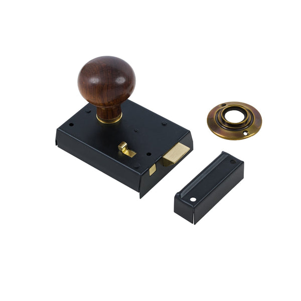  Bun Door Knob Set - Rosewood & Antique On Black Bathroom Rim Lock