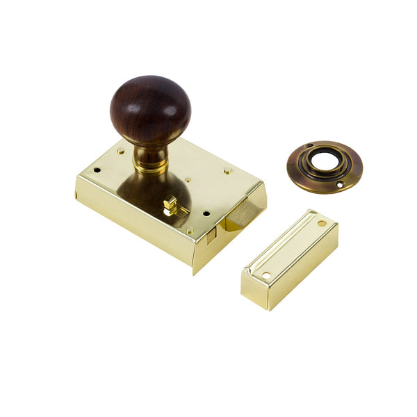  Bun Door Knob Set - Rosewood & Antique On Polished Brass Bathroom Rim Lock