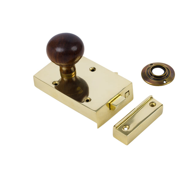 Left Handed Brass Bathroom Rim Lock with Bun Door Knob Set - Rosewood
