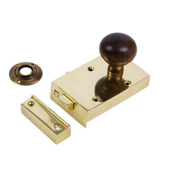  Right Handed Brass Bathroom Rim Lock with Bun Door Knob Set - Rosewood