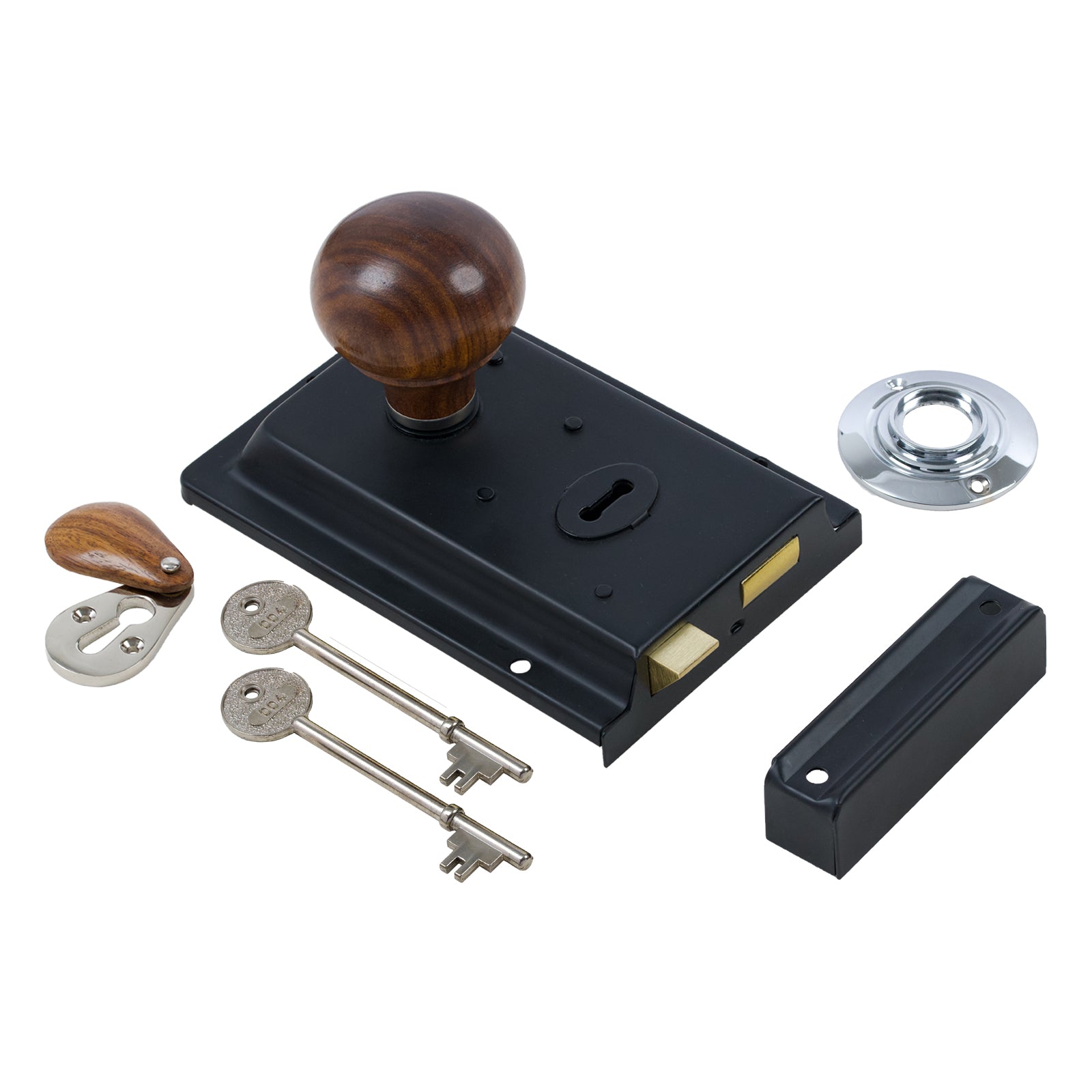 SHOW Bun Door Knob Set - Rosewood & Chrome On Black Rim Lock