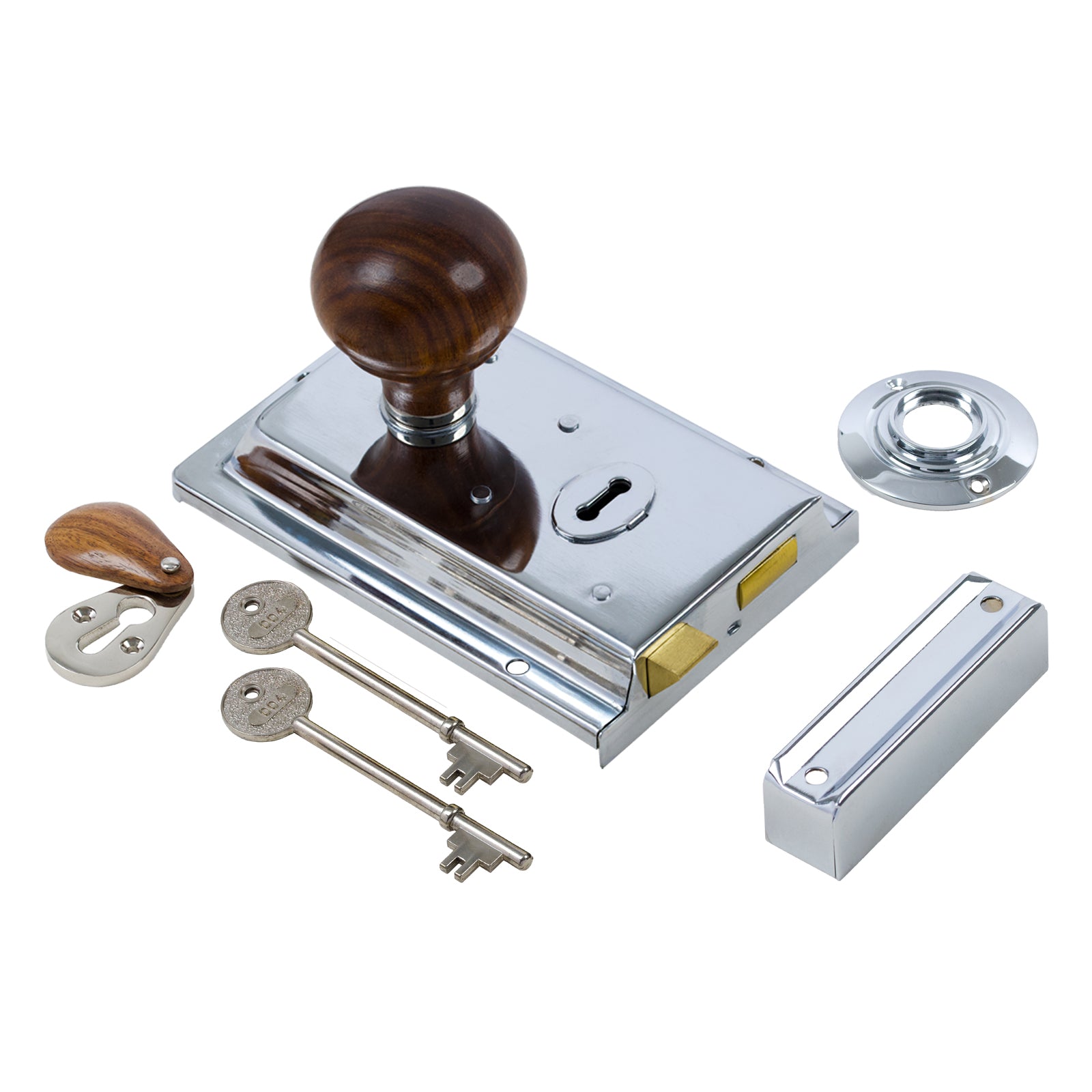 SHOW Bun Door Knob Set - Rosewood & Chrome On Polished Chrome Rim Lock
