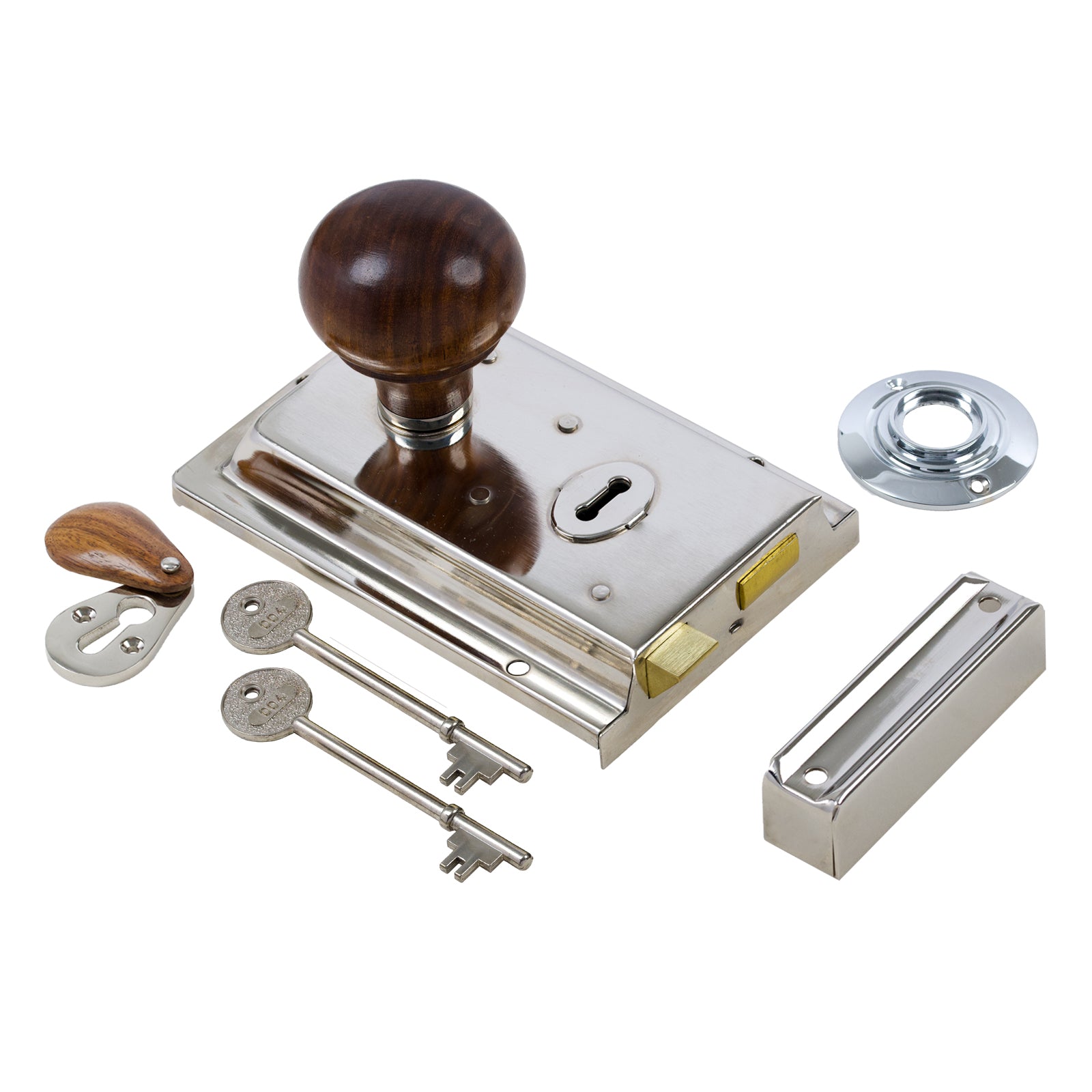 SHOW Bun Door Knob Set - Rosewood & Chrome On Polished Nickel Rim Lock