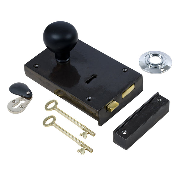  Left Handed Large Cast Iron Rim Lock With Bun Door Knob Set - Ebonised & Chrome