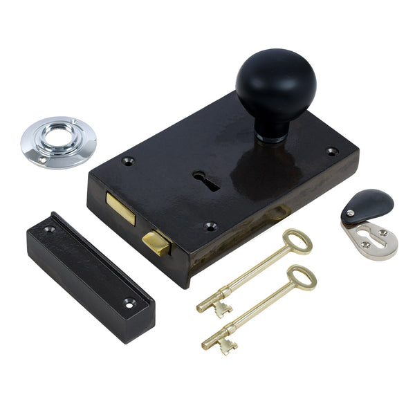  Right Handed Large Cast Iron Rim Lock With Bun Door Knob Set - Ebonised & Chrome