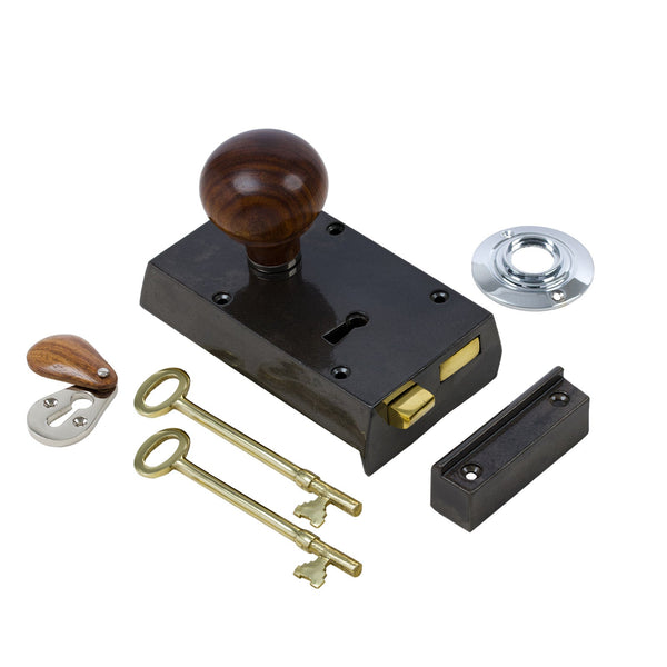  Left Handed Small Cast Iron Rim Lock With Bun Door Knob Set - Ebonised & Chrome