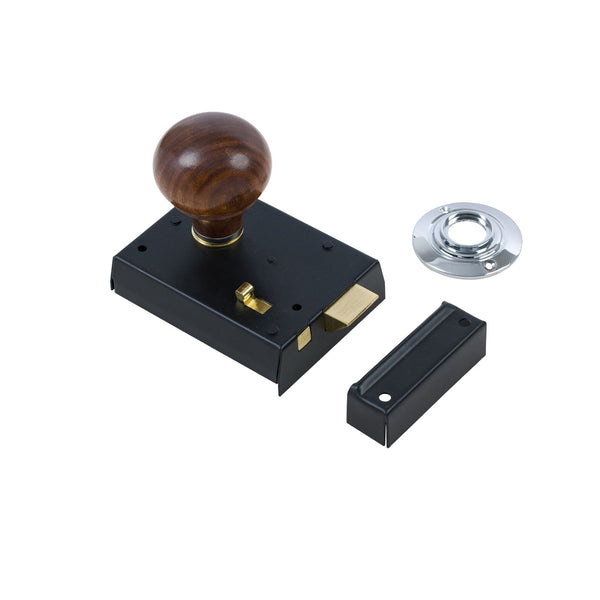  Bun Door Knob Set - Rosewood & Chrome On Black Bathroom Rim Lock