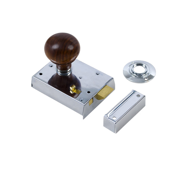  Bun Door Knob Set - Rosewood & Chrome On Polished Chrome Bathroom Rim Lock