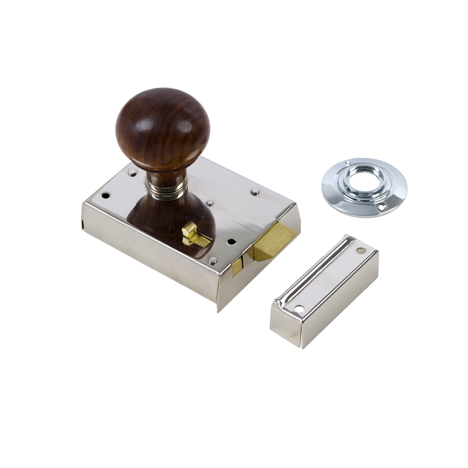 SHOW Bun Door Knob Set - Rosewood & Chrome On Polished Nickel Bathroom Rim Lock
