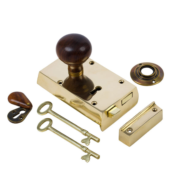  Left Handed Small Brass Rim Lock with Rosewood Bun Door Knob Set - Rosewood