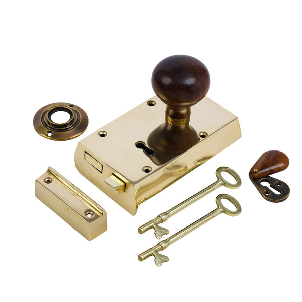  Right Handed Small Brass Rim Lock with Rosewood Bun Door Knob Set - Rosewood