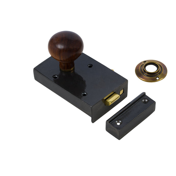  Left Handed Cast Iron Bathroom Rim Lock With Bun Door Knob Set - Ebonised & Chrome