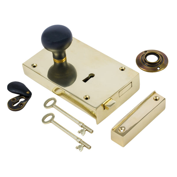  Left Handed Large Brass Rim Lock with Bun Door Knob Set - Ebonised