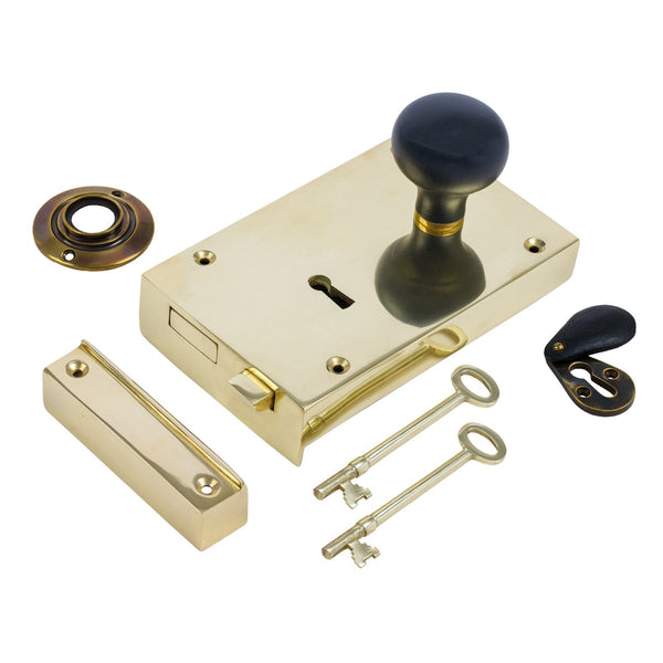  Right Handed Large Brass Rim Lock with Bun Door Knob Set - Ebonised