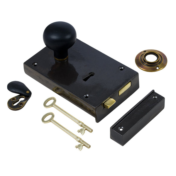  Left Handed Large Cast Iron Rim Lock With Bun Door Knob Set - Ebonised