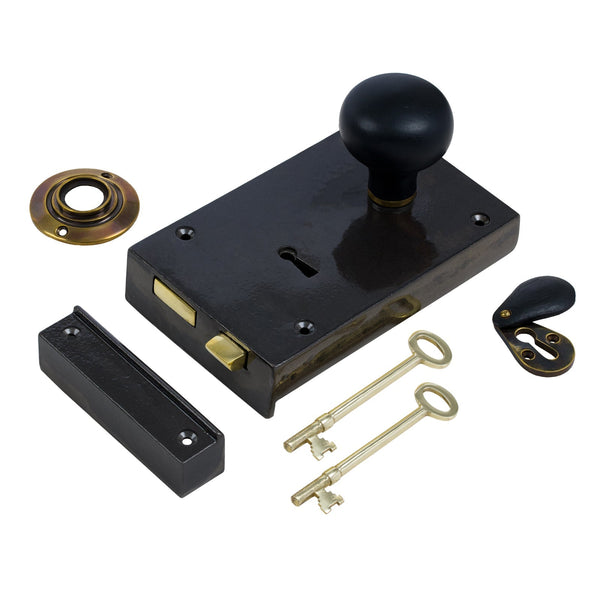  Right Handed Large Cast Iron Rim Lock With Bun Door Knob Set - Ebonised