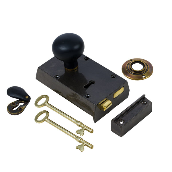  Left Handed Small Cast Iron Rim Lock With Bun Door Knob Set - Ebonised